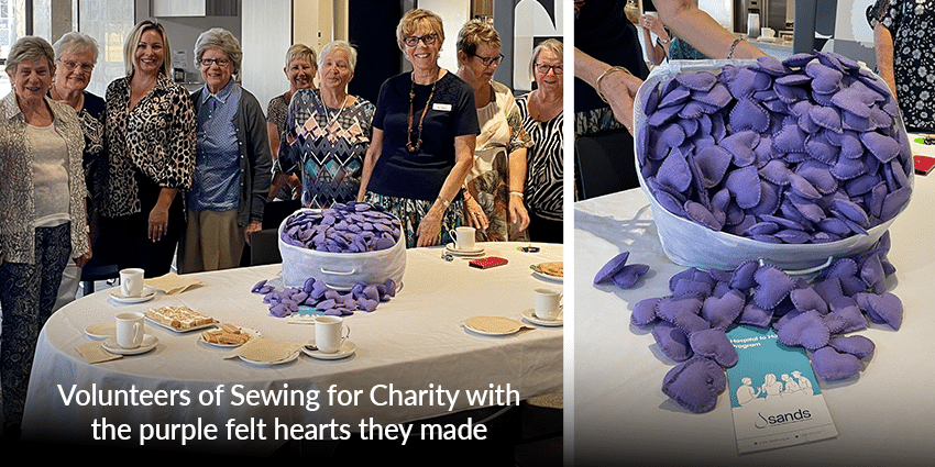 Sewing for charity volunteers with purple hearts