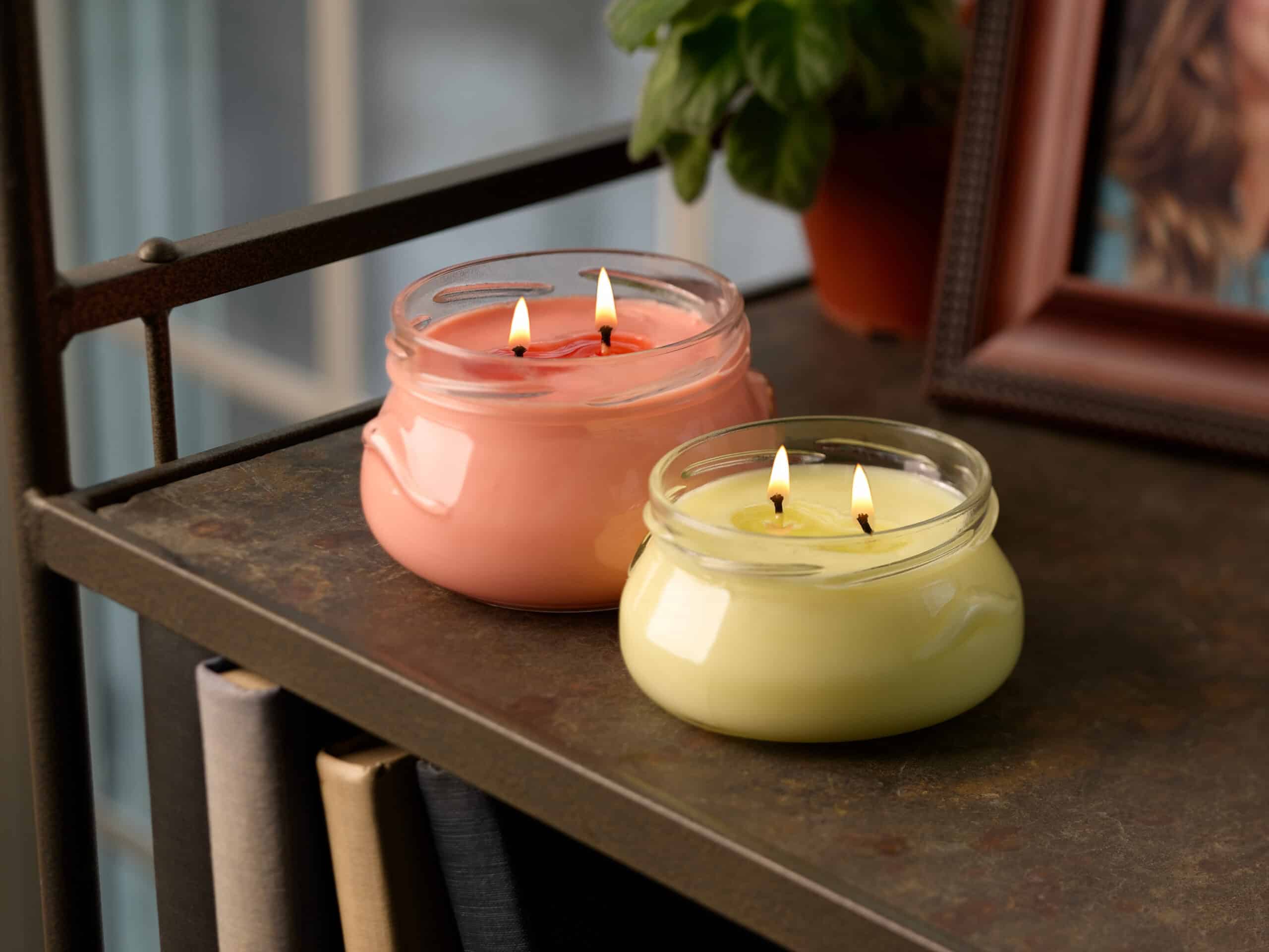 Two candles on shelf with books, frame, and plant.